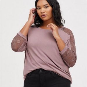 Torrid Super Soft Lace Inset Dolman Tee Long Sleeve Crew Neck Lilac Purple 3X